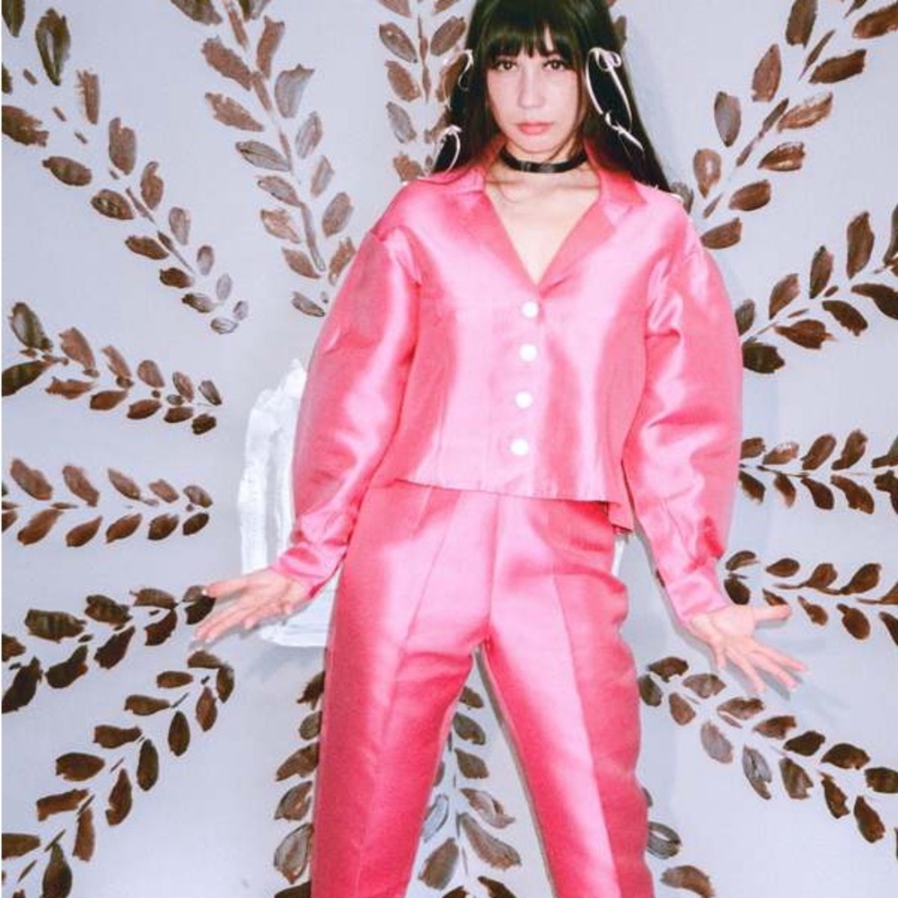 Pink silk “Bianca” button down top by Chelsea Mack